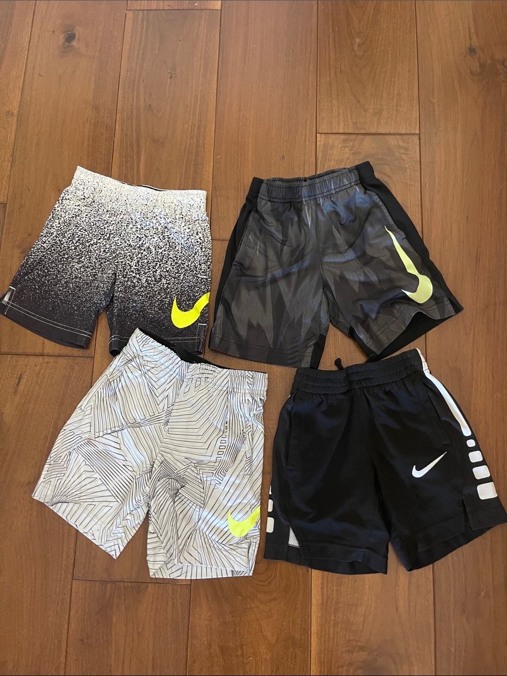 Nike Kids' Athletic Shorts Set - Black, Gray, White with Neon Yellow Swooshes